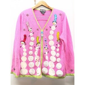 Berek Pink Snowman Beaded Christmas Cardigan Sweater XL VTG Ramie Cotton Zip Up